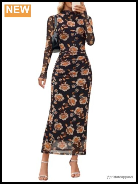 Dresses & Skirts - Women's Fall Long Sleeve Mock Neck Tie Dye Maxi Dress Mesh Bodycon
